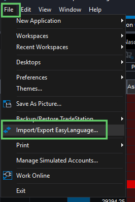 The TradeStation File menu with Import/Export EasyLanguage highlighted