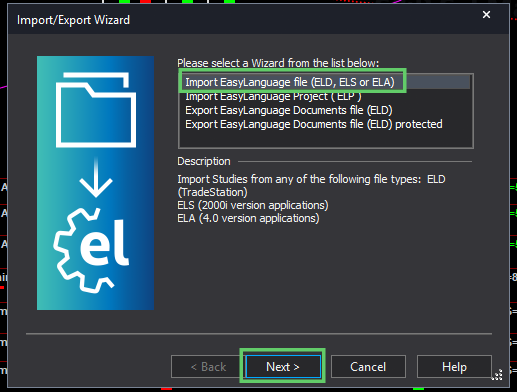 Import/Export Wizard with the first option selected