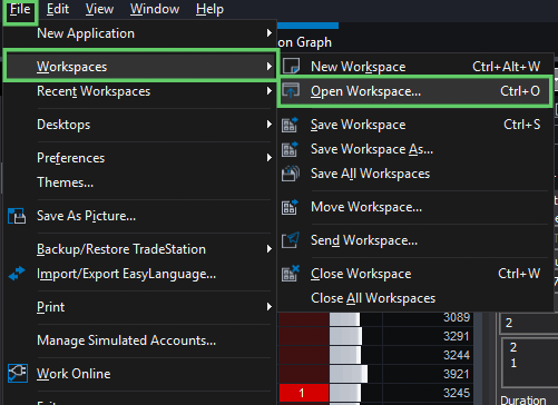 The File menu with Workspaces and Open Workspace highlighted