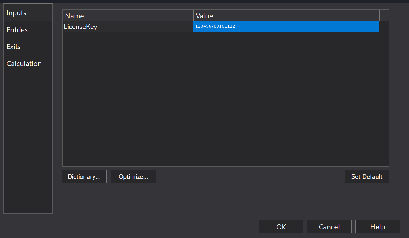 Strategy Inputs tab showing the LicenseKey input